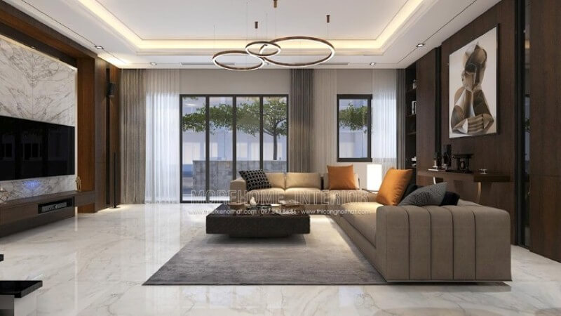 Mẫu trang trí nội thất cao cấp dành cho biệt thự hiện đại tại Parkcity – không gian luôn tràn ngập cây xanh vì vậy mà hệ thống cửa kính lớn là sự lựa chọn tuyệt vời tại khu đô thị nơi đây. Thiết kế phòng khách đẹp