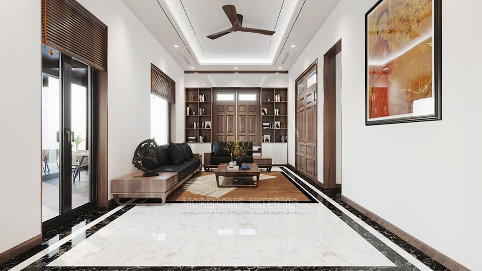 Tranh trí hơi hướng Châu Âu với quạt trần và tranh kính phòng khách cổ điển Mẫu tranh kính đẹp