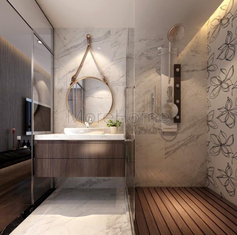 Đá ốp tường nhân tạo màu trắng được coi là sự lựa chọn thú vị của gia chủ, không gian phòng tắm thêm phần sạch sẽ và sang trọng hơn Đá ốp tường màu trắng