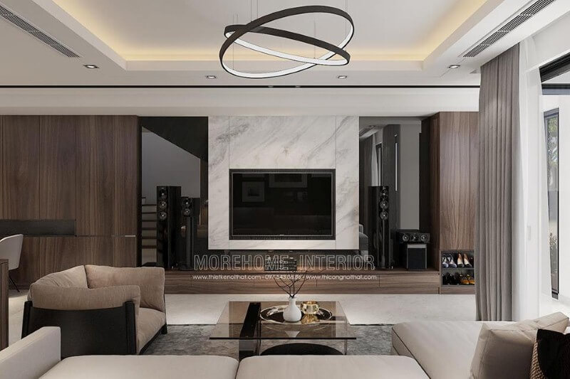 Đá ốp granite sẽ độc đáo hơn nết kết hợp vật liệu ốp phòng khách tối màu. Đá ốp tường màu trắng