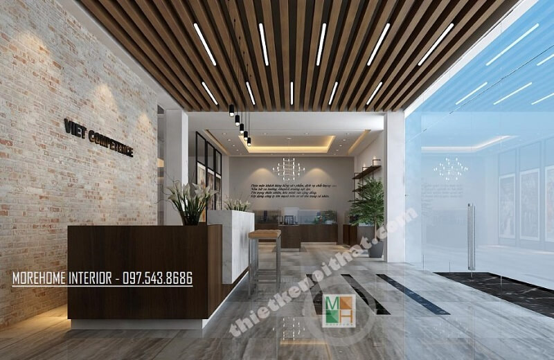 Thiết kế quầy lễ tân hiện đại với bàn làm việc gỗ công nghiệp cao cấp kết hợp đá nhân tạo màu trắng mang đến điểm nhấn nổi bật Đá nhân tạo