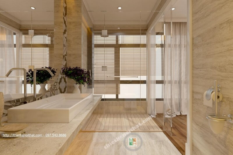 Kiến trúc sư đã lựa chọn sử dụng đá nhân tạo cao cấp trong mẫu thiết kế phòng tắm chung cư, mang lại một không gian sang trọng và sạch sẽ hơn Đá nhân tạo