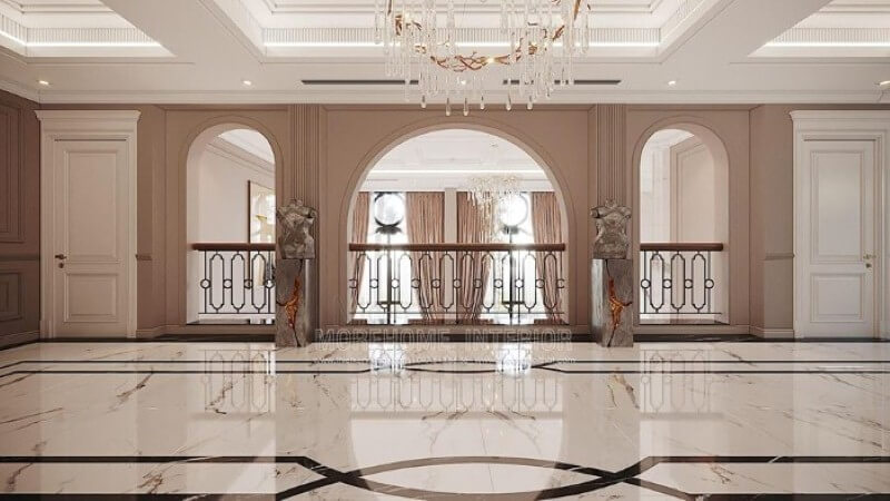 Đá lát sàn đẹp ấn tượng cho không gian hành lang sang trọng. Đá nhân tạo