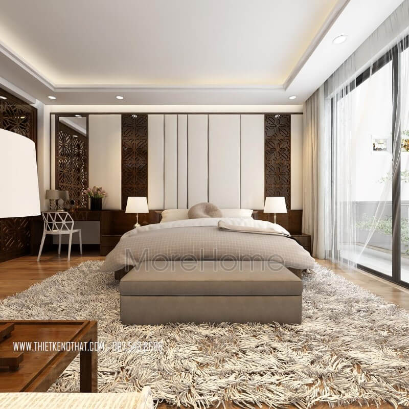 Lựa chọn lấy ánh sáng tự nhiên cho phòng ngủ bằng kính cường lực vừa đảm bảo được ánh sáng vừa là sự kết hợp với ánh sáng nhân tạo của phòng giúp gia chủ tiết kiệm được nguồn điện cho gia đình