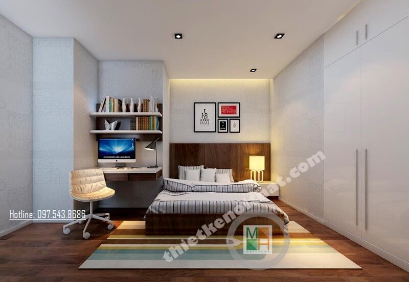Giường ngủ gỗ công nghiệp hiện đại với tone màu nâu trầm được coi là điểm nhấn ấn tượng ở không gian phòng ngủ giường ngủ gỗ cho chung cư