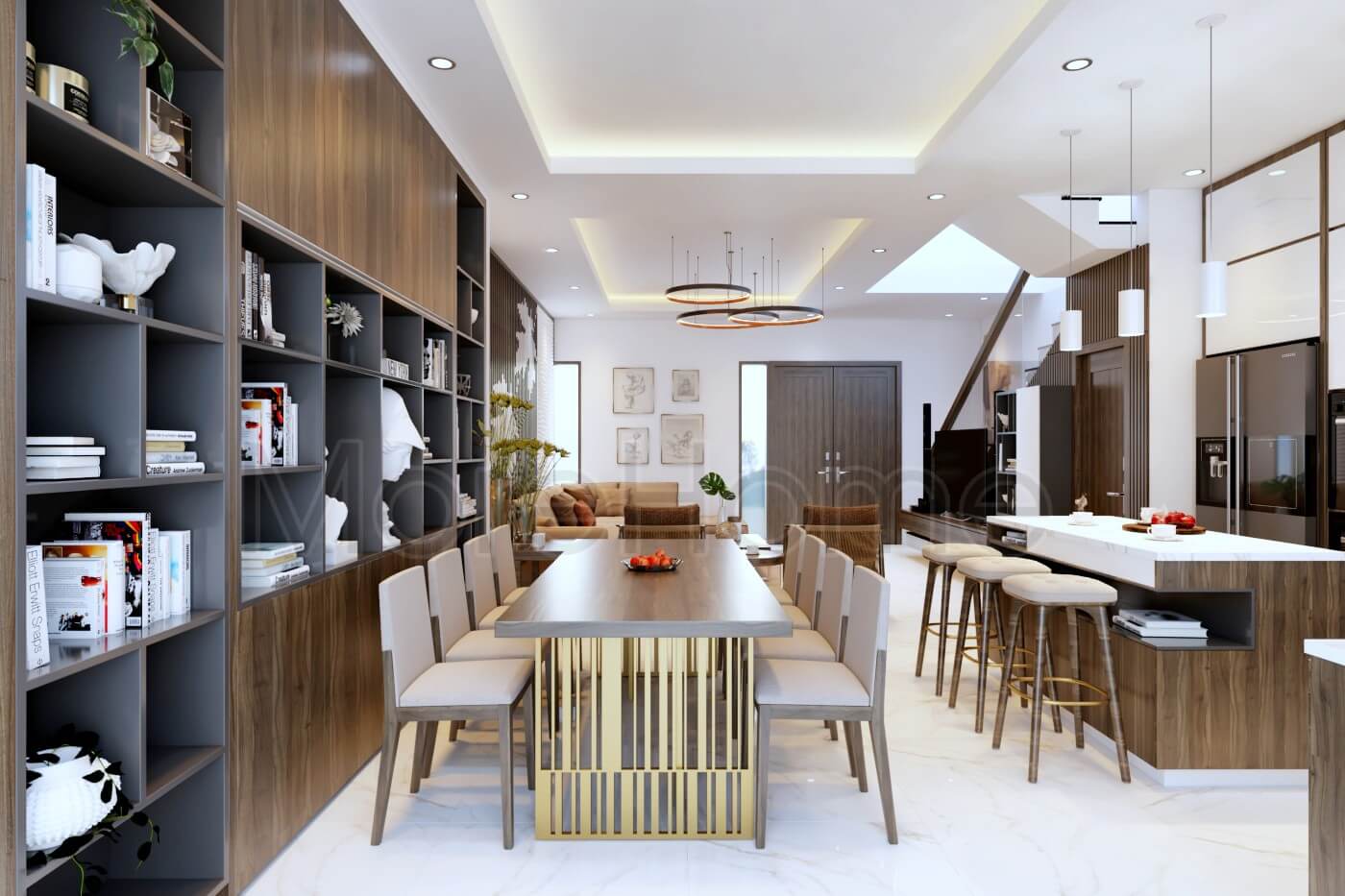 Thiết kế nội thất phòng ăn thông bếp lựa chọn chất liệu gỗ veneer óc chó cao cấp Thiết kế phòng ăn tại Hà Nội
