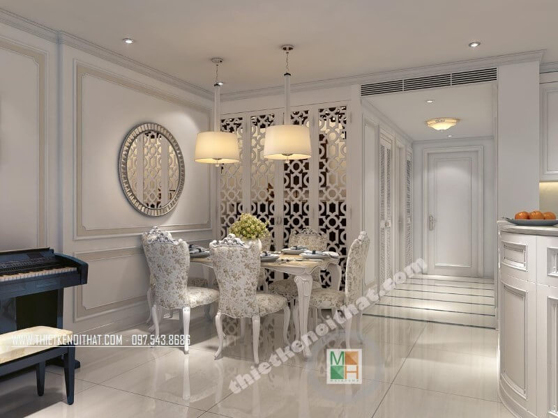 Gương trang trí được coi như là điểm nhấn nổi bật cho không gian dùng bữa thêm thú vị và ấm cúng hơn Thiết kế phòng ăn tại Hà Nội