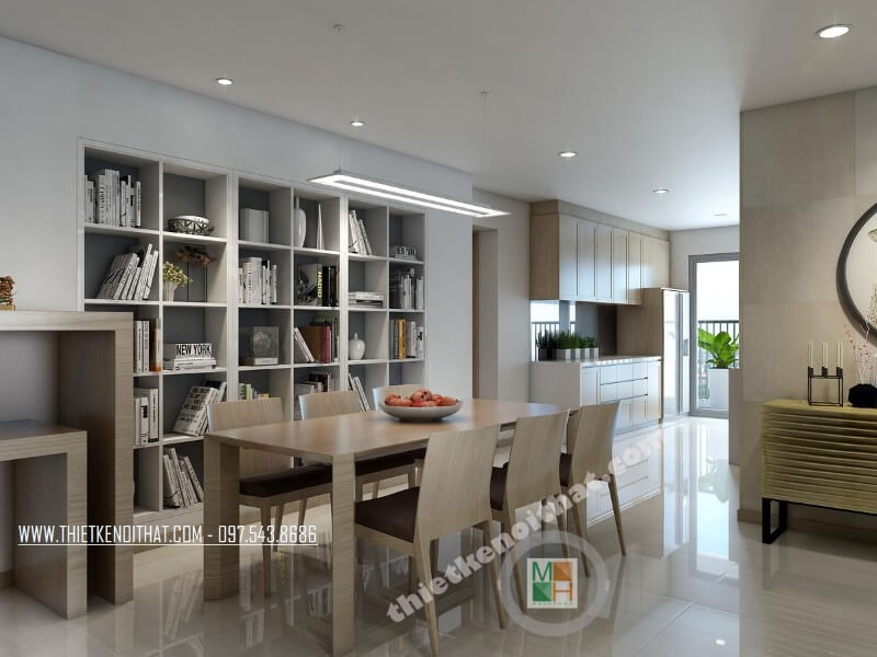 Thiết kế nội thất phòng ăn đẹp kết hợp tủ âm tường cách tân làm kệ, giá sách, kiến trúc sư đã tiết kiệm tối đa không gian mà vẫn đảm bảo tính công năng của sản phẩm Thiết kế phòng ăn tại Hà Nội