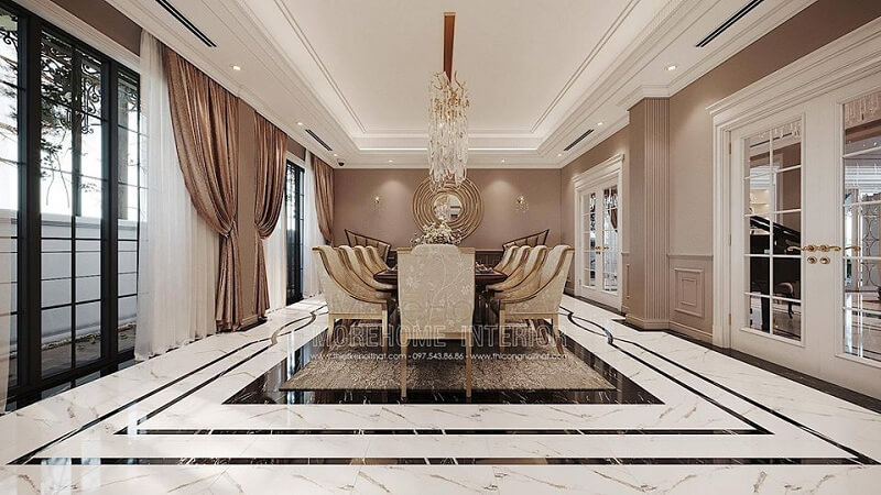 Thiết kế nội thất phòng ăn biệt thự đẹp với bộ bàn ăn cao cấp màu vàng kim cuốn hút mọi ánh nhìn Thiết kế phòng ăn tại Hà Nội