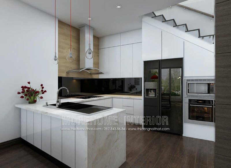 Mẫu tủ bếp đẹp được thiết kế kịch trần, sự kết hợp hài hòa giữa tổng thể, từ chất liệu gỗ công nghiệp cao cấp, đá ốp bếp nhân tạo sáng màu, gam màu trắng tinh tế cho tới thiết bị nhà bếp hiện đại mang lại không gian phòng bếp rộng rãi và tiện nghi nhất Tủ bếp màu trắng