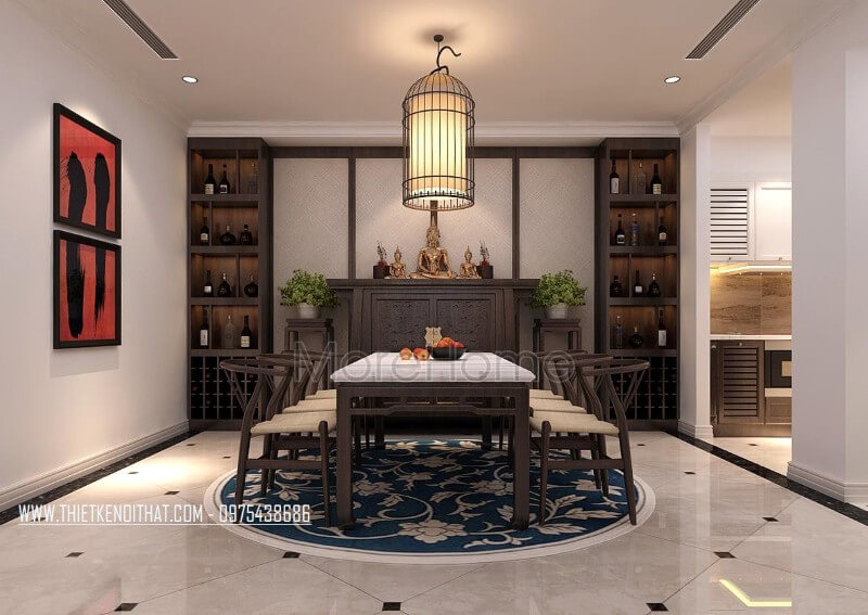 Phòng ăn được bố trí hợp lí ngay khi vực sinh hoạt chung của gia chủ, đảm bảo thuận tiện hơn trong quá trình dùng bữa cũng như là tiếp đãi khách tới chơi nhà những bữa ăn ngon miệng Thiết kế phòng ăn tại Hà Nội