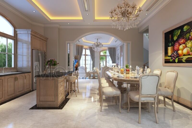 Thiết kế nội thất phòng ăn liền kề với khu vực nhà bếp giúp cho gia chủ thuận tiện nhất trong việc nấu nướng, dùng bữa nhanh chóng, ngon miệng hơn Thiết kế phòng ăn tại Hà Nội