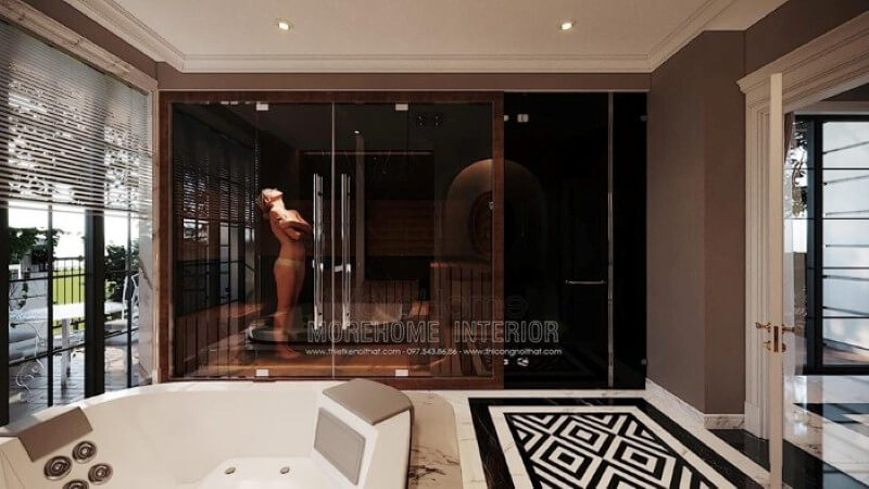 Phòng tắm kính cửa mở quay ấn tượng với sắc đen sang trọng trong phòng tắm hiện đại, cao cấp. Mẫu vách kính tắm cao cấp
