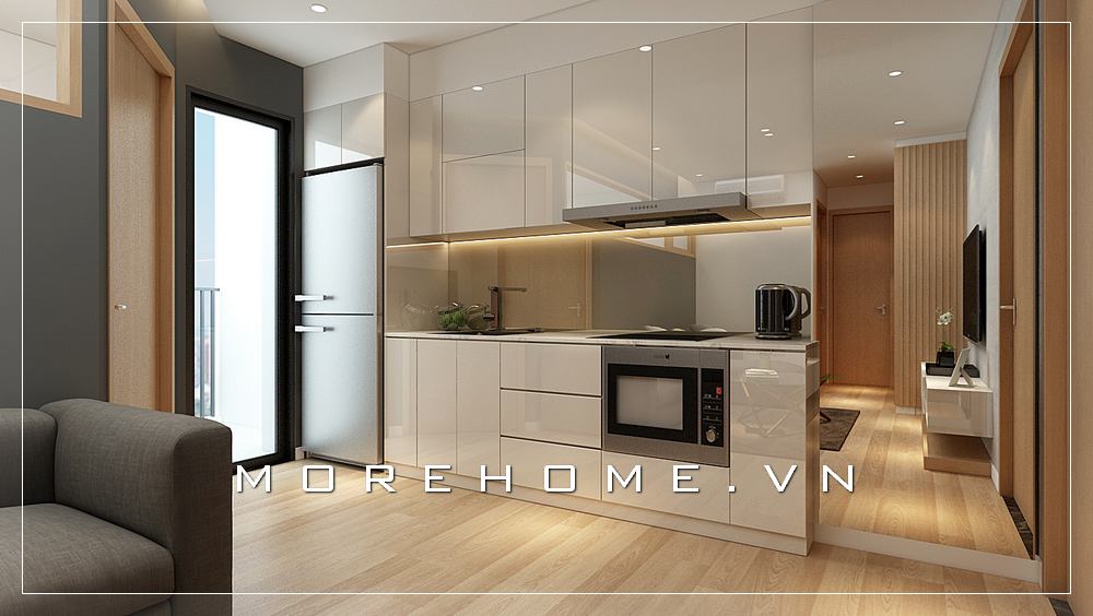 Mẫu tủ bếp gỗ công nghiệp màu trắng hiện đại, đơn giản cho nhà chung cư Tủ bếp màu trắng