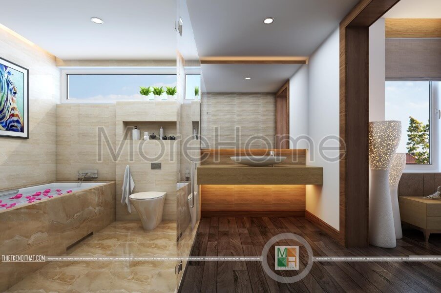 Thiết kế bồn tắm đẹp được ốp đá mặt lưng và sàn cho phòng tắm nhẹ nhàng, tiện nghi Đá lát nền