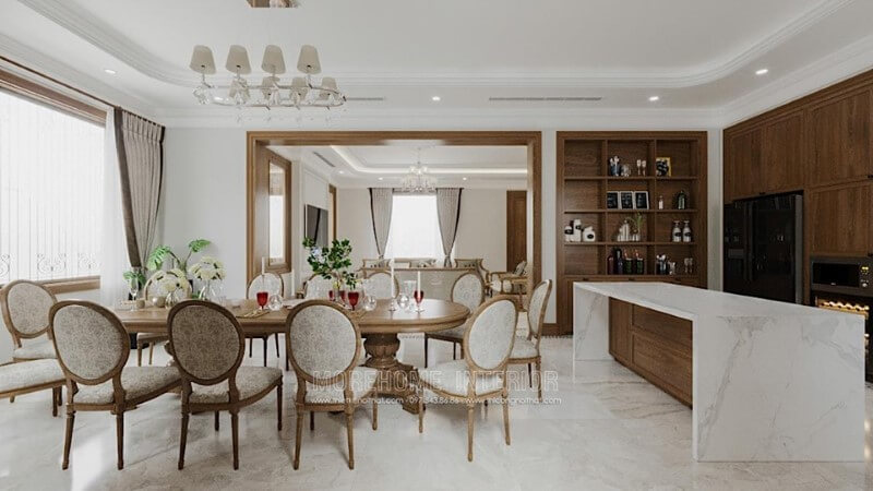 Lựa chọn loại đá lát sàn màu trắng vân mây cho phòng ăn mang đến sự sang choảnh, thoáng mát cho không gian Đá lát nền