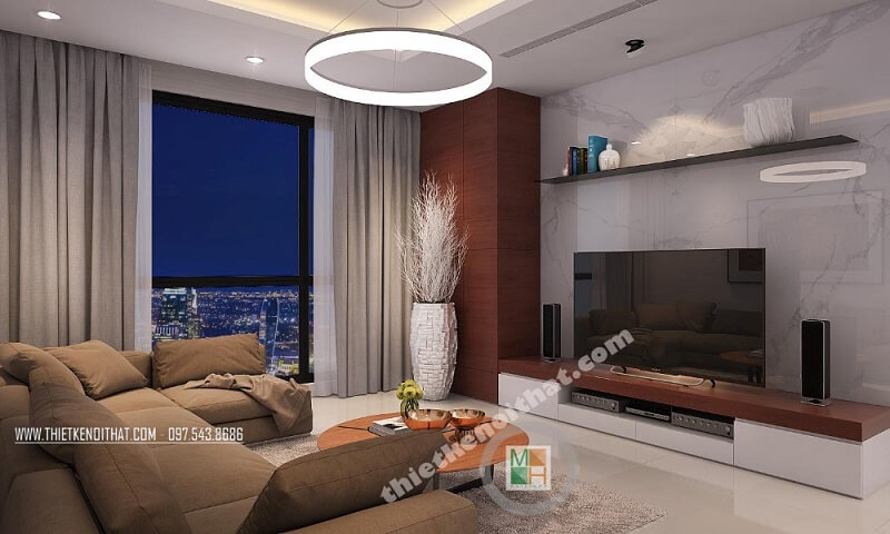 Thiết kế phòng khách đẹp tận dụng tối đa lợi thế về không gian và ánh sáng với sự xuất hiện của bộ sofa vải tạo điểm nhấn nổi bật cho căn phòng