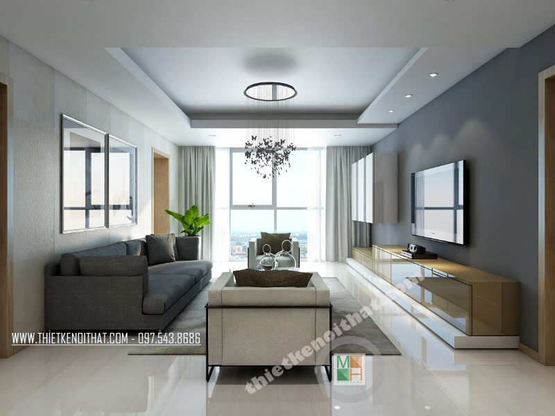 Thiết kế phòng khách tiện nghi cho căn hộ chung cư Thăng Long Number One hướng sáng, đón trọn vẹn ánh sáng tự nhiên từ khung cửa rộng mang đến sức sống và sự tươi trẻ cho căn phòng