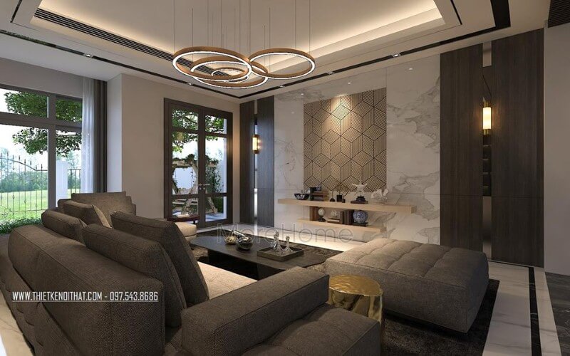 Trang trí không gian phòng khách rộng, hiện đại ấn tượng với ý tưởng sử dụng gam màu đối lập từ xám trắng cùng đồ nội thất cao cấp.
