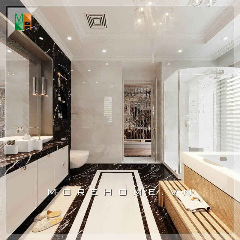 Sử dụng vách kính cường lực chắn giữa phòng tắm và vệ sinh đầy tinh tế và sáng tạo, kết hợp thêm bục kệ gỗ phòng tắm thông minh và tiện lợi. Mẫu vách kính tắm cao cấp