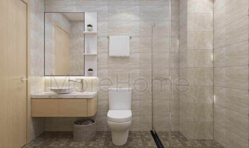 Với thiết kế gương phòng tắm và kính cường lực làm vách tắm kính giúp phòng tắm thoáng rộng hơn
