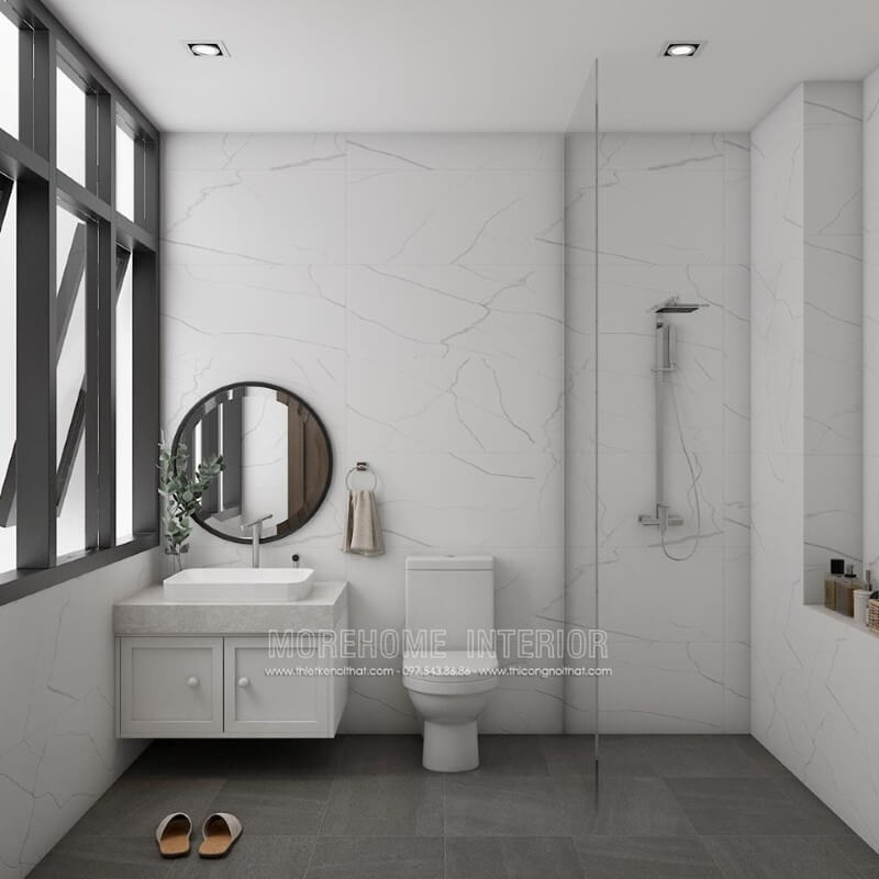 Mẫu gương tròn dây da hiện đại cho phòng tắm nhỏ