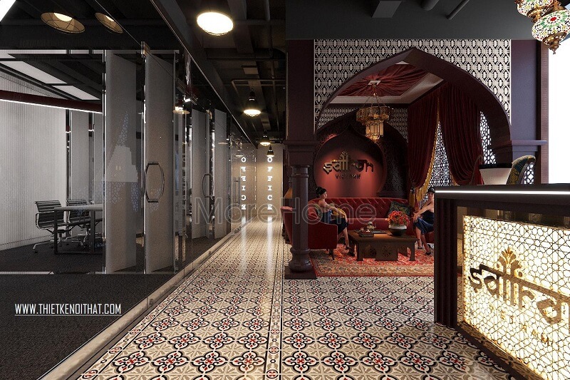 Trang trí nội thất văn phòng SAFFRON Hà Nội với đá nhân tạo ốp mặt bàn kết hợp với đèn led ánh vàng tạo sự ấn tượng ngay từ cái nhìn đầu tiên. đá nhân tạo cao cấp