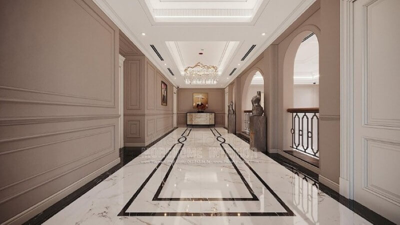 Đá lát sàn đẹp tạo góc nhìn ấn tượng cho không gian hành lang thông tầng. đá nhân tạo cao cấp