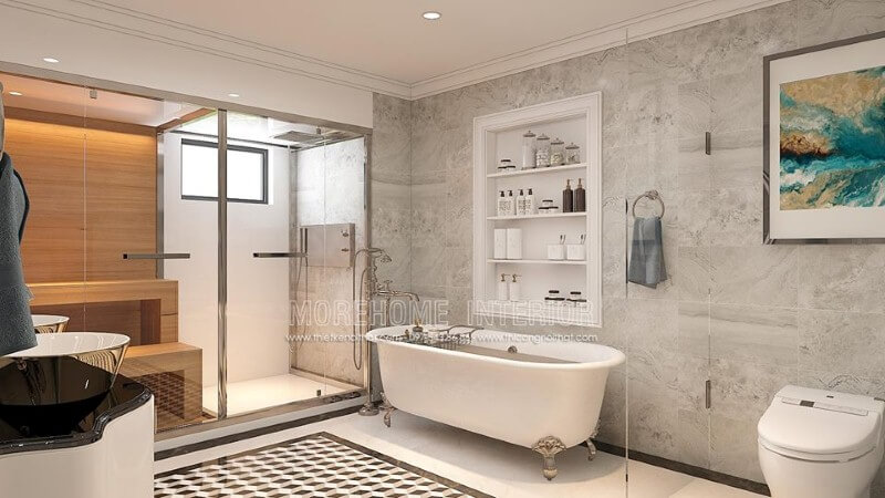 Đá ốp phòng tắm cao cấp, gạch lát nền giả cổ, bồn tắm trắng hoa văn cổ điển cùng vách tắm kính cường lực trong suốt đã tạo nên không gian phòng tắm thông thoáng, đẹp mắt và sang trọng. đá nhân tạo cao cấp