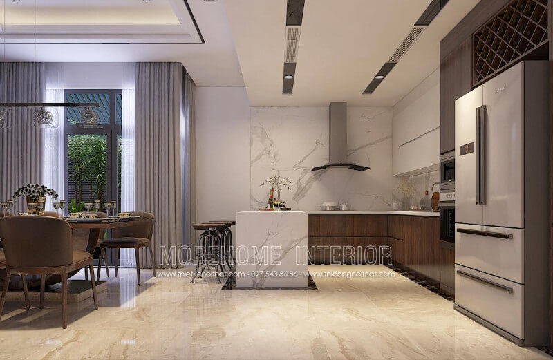 Mẫu thiết kế tủ bếp biệt thự kết hợp bàn đảo, bàn ăn phụ tạo cho gia chủ một không gian nấu nướng và dùng bữa tiện nghi hơn cả Mẫu tủ bếp kết hợp quầy bar
