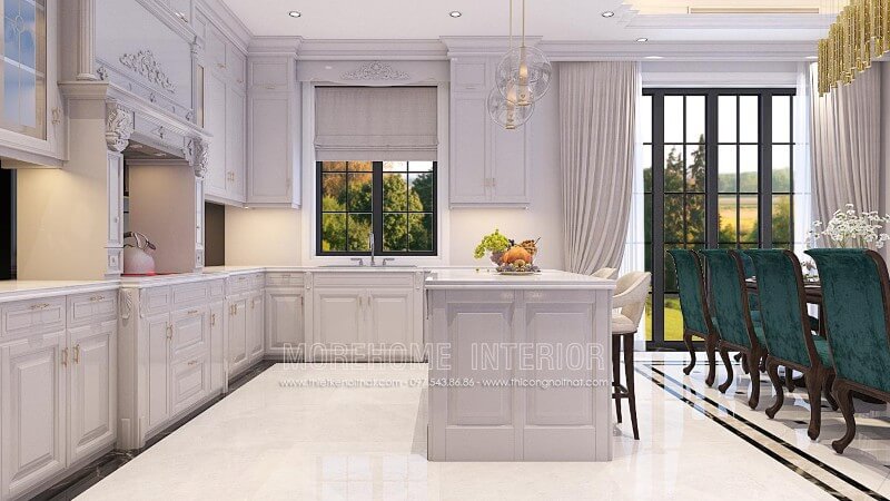 Gợi ý lựa chọn tủ bếp gỗ sồi phun sơn cao cấp kết hợp quầy bar cho nhà biệt thự Mẫu tủ bếp kết hợp quầy bar