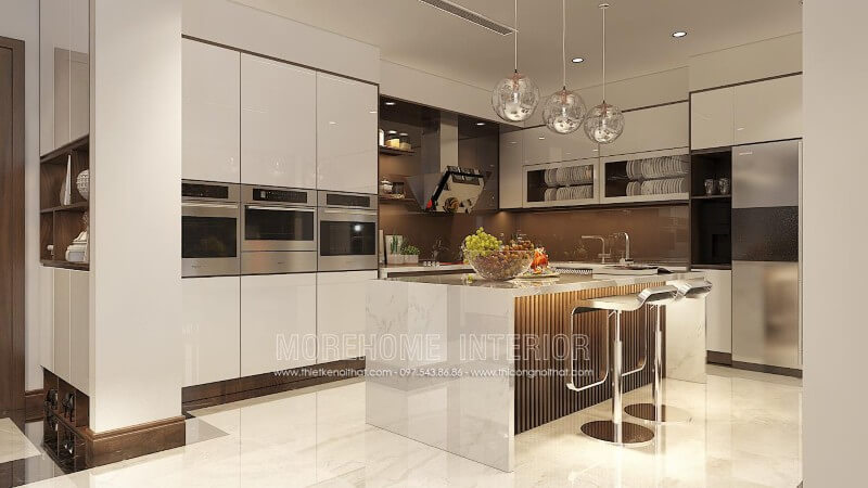 Thiết kế tủ bếp đẹp, ở chính giữa không gian là chiếc bàn đảo tích hợp nhiều công năng như quầy bar, bàn ăn phụ tạo sự tiện nghi trong hoạt động nấu nướng, dùng bữa Mẫu tủ bếp kết hợp quầy bar