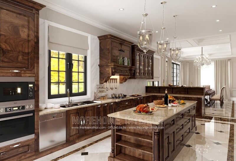 Tủ bếp cao cấp với sự phân chia hợp lí giữa các ngăn tủ tạo sự thuận tiện, chiếc bàn đảo đặt chính giữa vừa có tác dụng làm quầy bar, vừa có tác dụng làm bàn ăn phụ, bạn cũng sẽ không phải lo về vấn đề lưu trữ đồ đạc giúp căn bếp luôn sạch sẽ, gọn gàng, ngăn nắp Mẫu tủ bếp kết hợp quầy bar