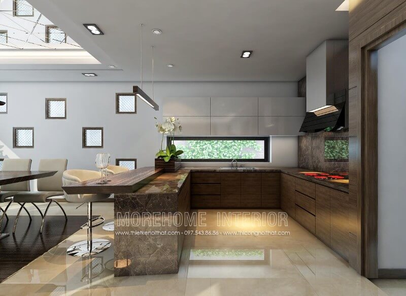 Thiế kế tủ bếp chữ U gỗ công nghiệp kết hợp quầy bar hoặc bàn ăn phụ nhỏ tạo tiện nghi cho người sử dụng Mẫu tủ bếp kết hợp quầy bar