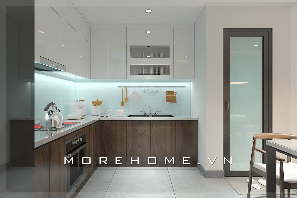 Mẫu tủ bếp gỗ công nghiệp cữ L hiện đại, tone màu nâu của gỗ tạo nên không gian ấm cúng, thiết bị bếp đầu đủ tạo không gian tiện nghi cho người nội trợ Tủ bếp màu nâu