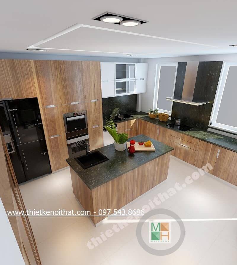 Mẫu tủ bếp gỗ công nghiệp với tone màu nâu sáng hiện đại mang lại không gian thoải mái, sạch sẽ cho người nội trợ Tủ bếp màu nâu