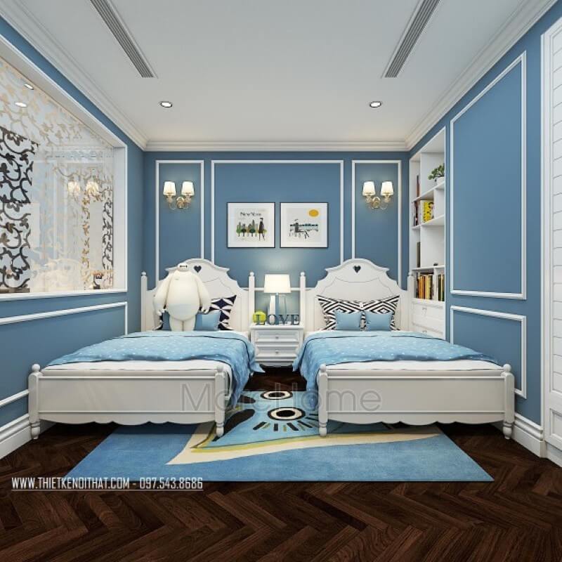 Giường ngủ tân cổ điển được phân chia làm 2 chiếc giường đơn tạo cho con một không gian nghỉ ngơi thoải mái nhất