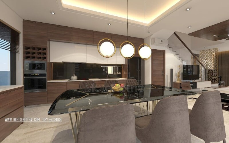 Thiết kế nội thất phòng bếp biệt thự hiện đại, không đi sâu vào chi tiết cầu kỳ mà đơn giản, nhấn mạnh tính công năng và mang đến một không gian gọn gàng và sang trọng hơn cho gia chủ. Thiết kế phòng bếp tại Hà Nội