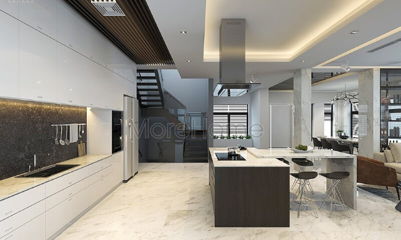 Nội thất phòng bếp đẹp cho chung cư, biệt thự cao cấp, gam màu trắng tự nhiên được sử dụng tạo nên cảm giác sạch sẽ, dễ chịu và sang trọng Thiết kế phòng bếp tại Hà Nội