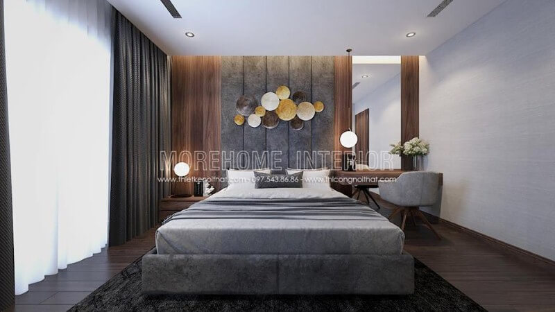 Gương ốp tường hình chữ nhật đơn giản nhưng lại đẹp mắt trong phòng ngủ hiện đại sử dụng sắc xám chủ đạo. Gương trang trí