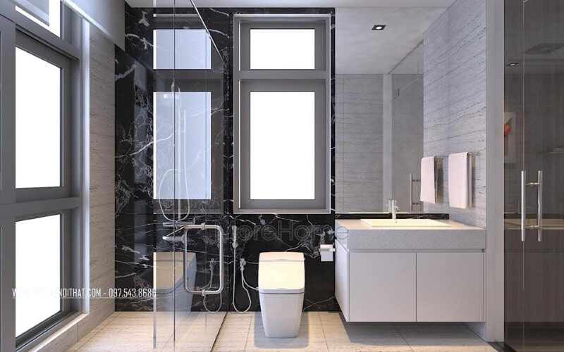 Gương ốp tường hình chữ nhật tạo nét đẹp sang trọng cho phòng tắm biệt thự, nhà phố. Gương trang trí