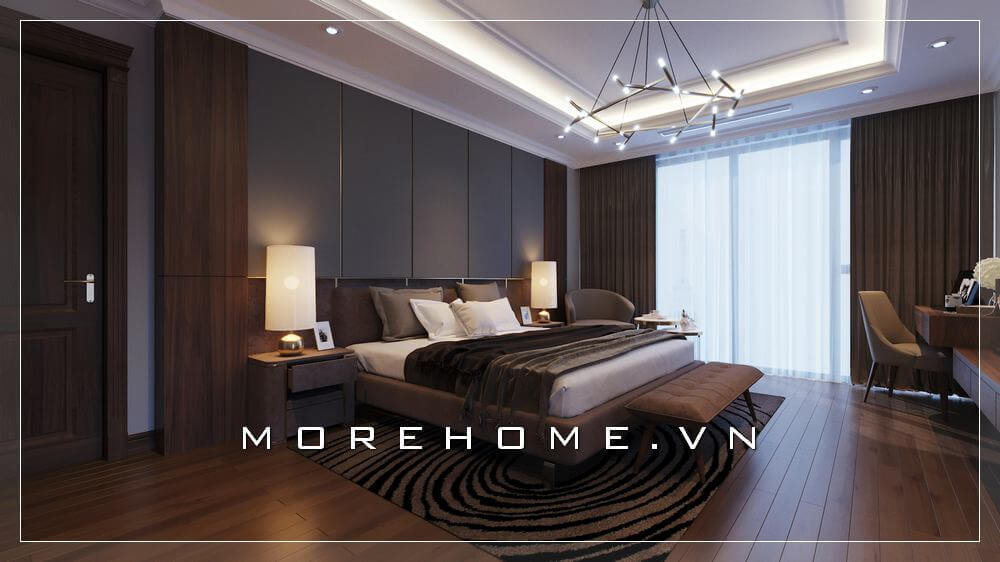 Nội thất phòng ngủ chung cư hiện đại với chất liệu chủ đạo là gỗ, phần cửa sổ được thiết kế với khoảng cách lớn