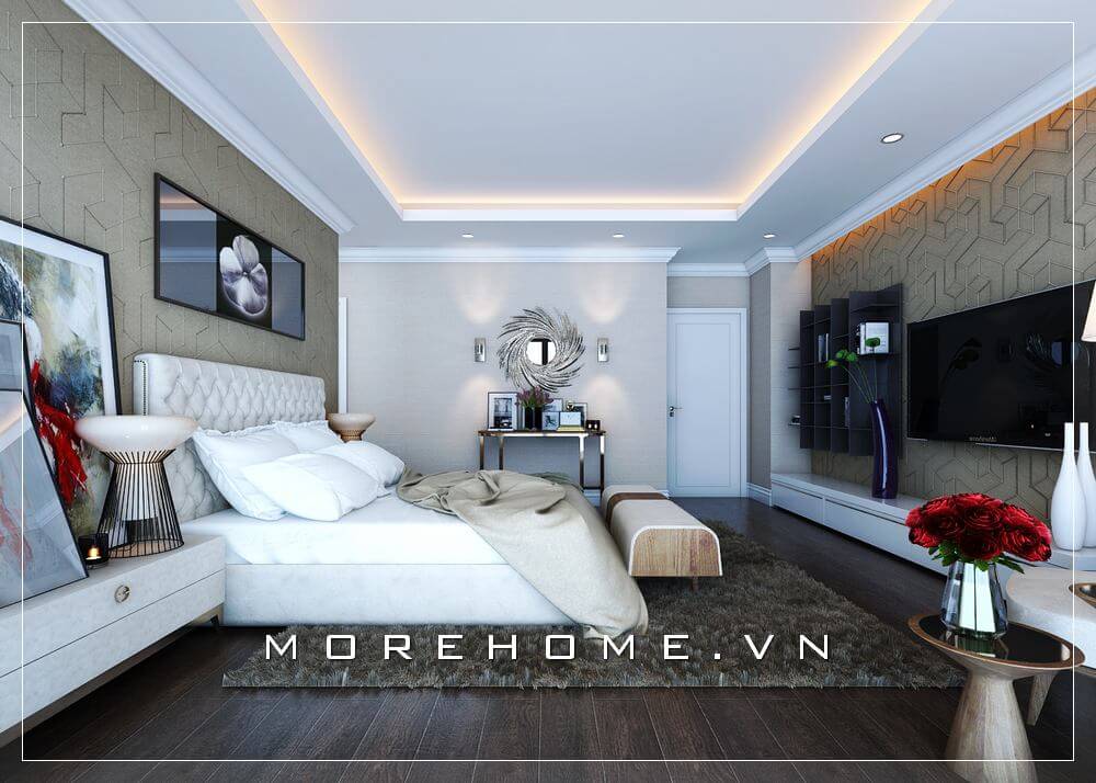 Thiết kế phòng ngủ biệt thự hiện đại, đem đến 1 cảm giác vô cùng thoải mái và thư giãn với 3 màu xám, trắng và nâu