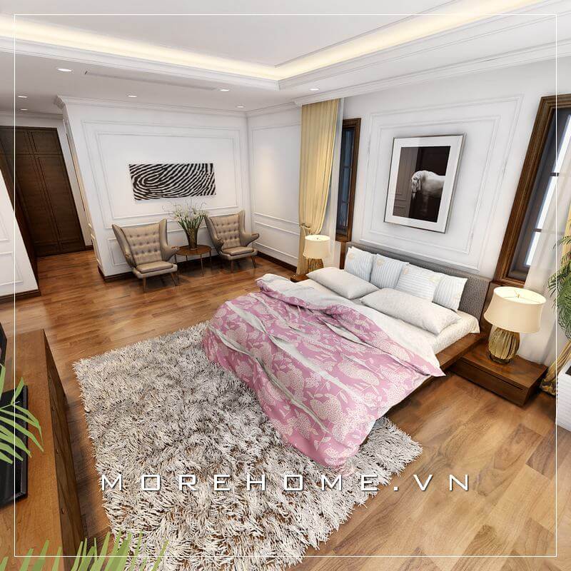 Thiết kế phòng ngủ biệt thự hiện đại, với các đường nét nhẹ nhàng không quá cầu kỳ vẫn đảm bảo tính tiện nghi và thẩm mỹ