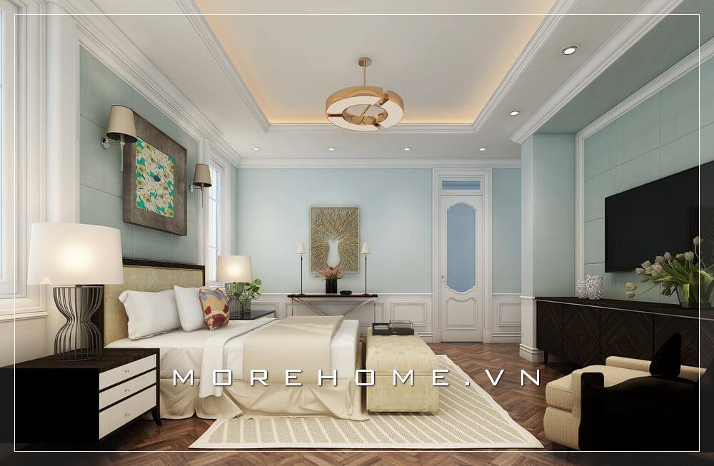 Morehome gợi ý cho bạn mẫu phòng ngủ Master tại biệt thự hiện đại, chiếc giường ngủ bọc nỉ cao cấp kết hợp ghế đuôi giường tạo sự thuận tiện nhất cho gia chủ