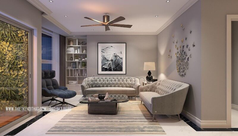 Bộ sofa bọc nỉ cao cấp được lựa chọn cùng tông màu xám của mảng tường tạo sự mới lạ, hiện đại cho không gian phòng khách. Danh sách các mẫu thiết kế sofa phòng khách hiện đại đẹp nhất