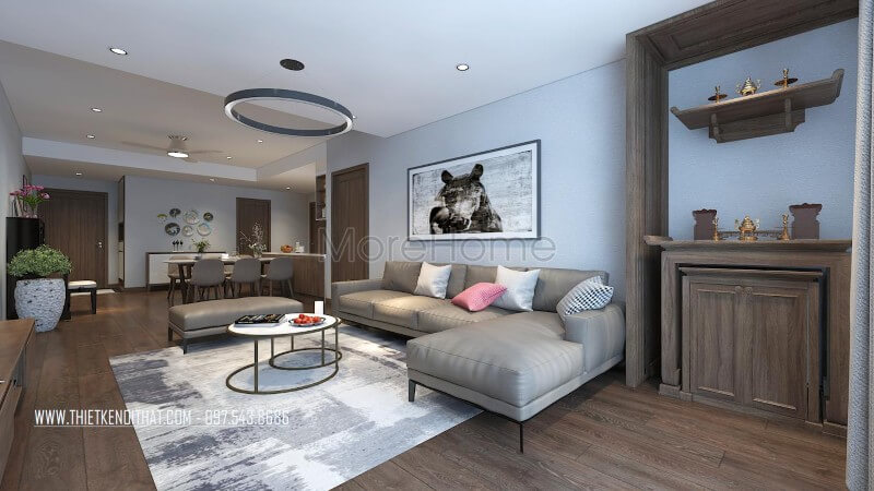 Thiết kế bộ sofa chữ L, chất liệu da màu xám lông chuột làm điểm nhấn cho không gian phòng khách mang đến sự sang trọng nhất định cho không gian này. Danh sách các mẫu thiết kế sofa phòng khách hiện đại đẹp nhất