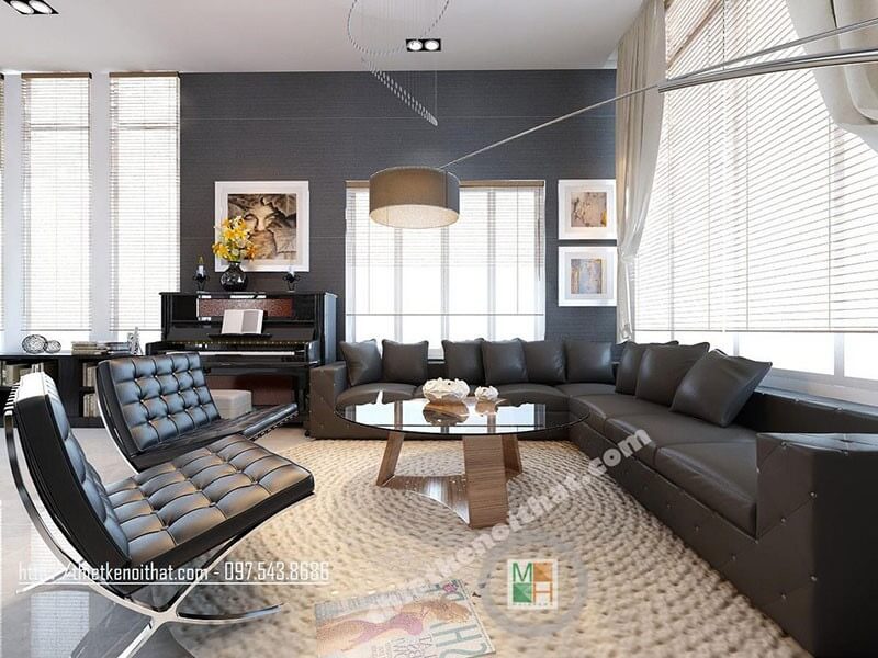 Nội thất sofa chữ L bọc da cho phòng khách với tone màu nâu đen hiện đại, sang trọng Danh sách các mẫu thiết kế sofa phòng khách hiện đại đẹp nhất