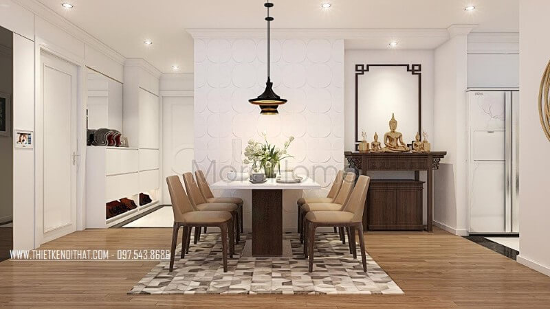 Nội thất phòng ăn chung cư được thiết kế đơn giản với tone màu nâu ấm áp mang đến sự gần gũi và thân thiện Thiết kế nội thất phòng ăn nhỏ