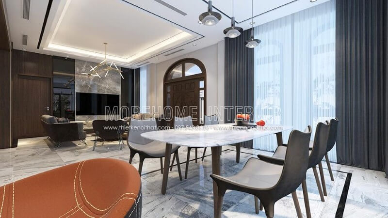 Nội thất phòng ăn được thiết kế linh hoạt, ấn tượng, phần tường gạch được thay thế bằng vách kính cường lực tận dụng được tối đa ánh sáng tự nhiên từ bên ngoài Thiết kế nội thất phòng ăn nhỏ